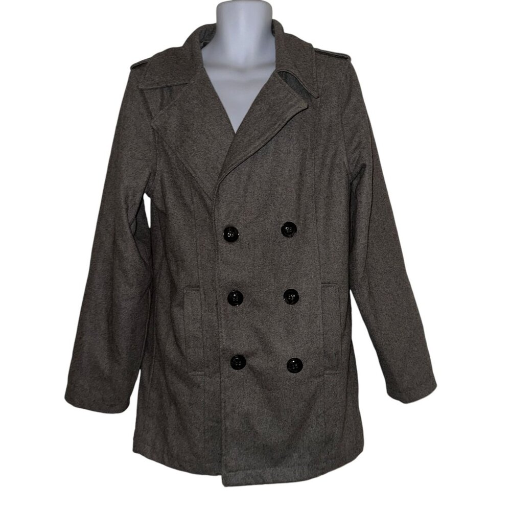 Rare Black Brand Pea Coat Mens L Gray Wool Pockets Lined Collared Dress Work - Picture 1 of 8